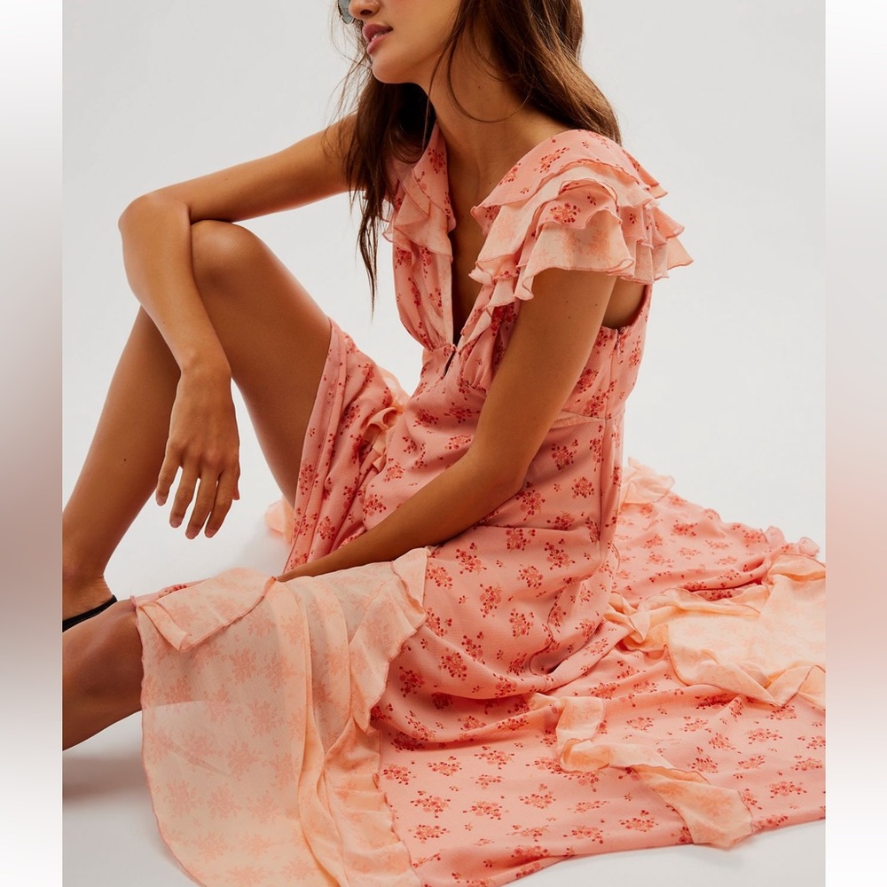 Free People Joaquin Floral Asymmetrical Hem Midi Dress in Peach Combo - Picture 6 of 14